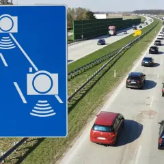Znak informuje o odcinkowym pomiarze prędkości na autostradzie. Uważaj na kamery rejestrujące wykroczenia.