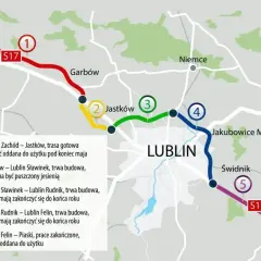 Mapa postępu budowy drogi ekspresowej S17 wokół Lublina. Różne kolory oznaczają etapy prac.
