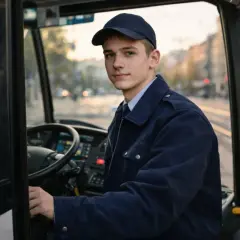 Młody kierowca autobusu w czapce i granatowej kurtce, z dumą prezentuje swoje nowe prawo jazdy.