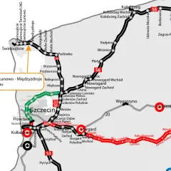 Mapa drogowa z zaznaczoną autostradą A3, drogami S3, S6, S10, S11 i innymi trasami. Widoczne miasta: Szczecin, Koszalin, Kołobrzeg, Międzyzdroje.
