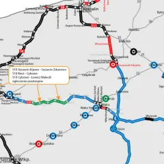 Mapa pokazuje drogę ekspresową S10 z zaznaczonymi odcinkami w budowie i przetargach.