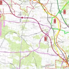 Mapa drogowa z zaznaczoną drogą ekspresową S74, węzłami i miejscowościami. Widoczne są fragmenty powiatów piotrkowskiego i opoczyńskiego.