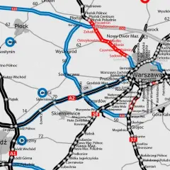 Mapa drogowa z zaznaczoną autostradą A50, łączącą okolice Warszawy z innymi drogami ekspresowymi i krajowymi.