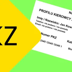 Na żółtym tle widnieje napis PKZ. Obok dokument z danymi kierowcy zawodowego, numerem PKZ i kategorią.