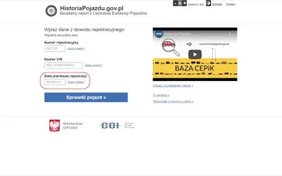 Pole do wpisania daty pierwszej rejestracji w dowodzie. Uzupełnij je, aby sprawdzić historię pojazdu.
