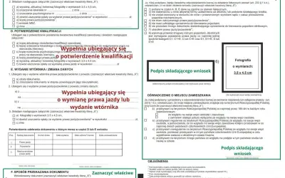 Formularz wniosku o wydanie wtórnika prawa jazdy, z zaznaczonym polem "Wypełnia ubiegający się o wymianę prawa jazdy lub wydanie wtórnika".