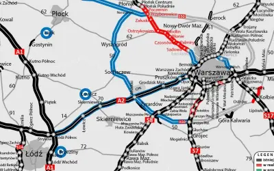 Mapa drogowa z zaznaczoną autostradą A50, łączącą okolice Warszawy z innymi drogami ekspresowymi i krajowymi.