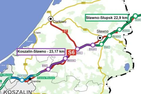 Mapa przedstawia fragment obwodnicy Koszalina i drogi S6, łączącej Koszalin ze Sławnem i dalej ze Słupskiem.