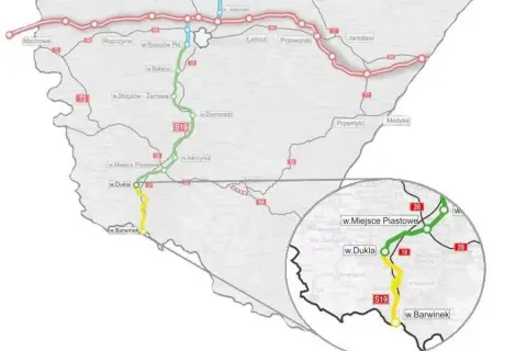 Mapa przebiegu drogi ekspresowej S19 z zaznaczonymi odcinkami w budowie i planowanymi.