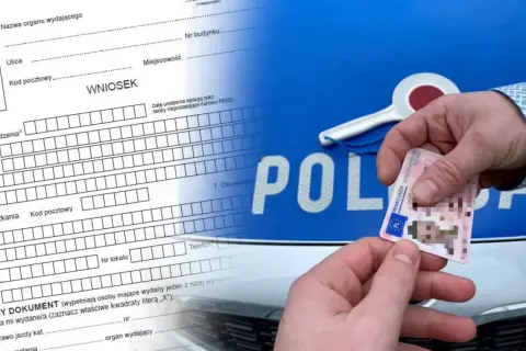 Formularz wniosku o prawo jazdy online obok dokumentu i policyjnej pałki.