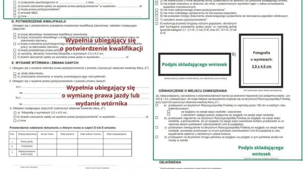 Zdjęcie przedstawia formularz wniosku o wydanie prawa jazdy lub potwierdzenie kwalifikacji. Wypełnia go osoba ubiegająca się o dokument.