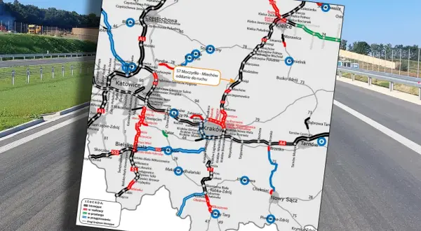 Mapa Polski z zaznaczoną drogą ekspresową S7, pokazującą jej przebieg od Moczydła do Miechowa.