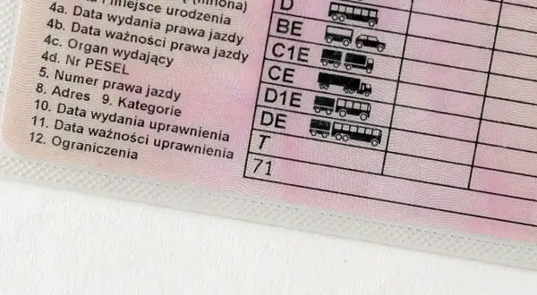 Fragment polskiego prawa jazdy z kategorią T i wpisanym kodem 71 w sekcji "Ograniczenia".