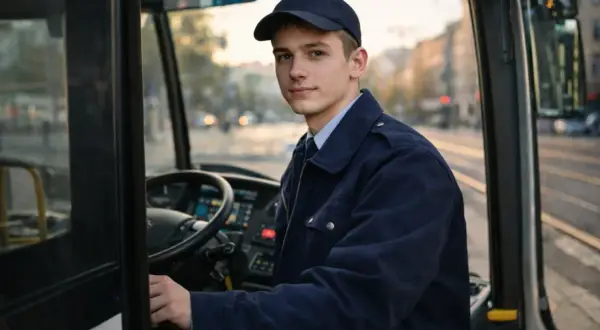 Młody kierowca autobusu w czapce i granatowej kurtce, z dumą prezentuje swoje nowe prawo jazdy.