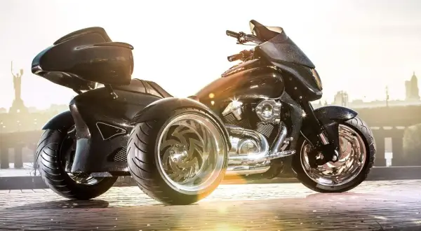 Stylowe motocykle trójkołowe na kat B. Błyszczące, czarne, z chromowanymi felgami, gotowe na podbój drogi.