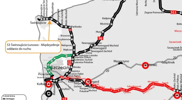 Mapa drogowa z zaznaczoną autostradą A3, drogami S3, S6, S10, S11 i innymi trasami. Widoczne miasta: Szczecin, Koszalin, Kołobrzeg, Międzyzdroje.