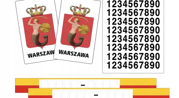 Dwa znaki taxi z Syrenką Warszawską, cyfry i paski do oklejania pojazdów.