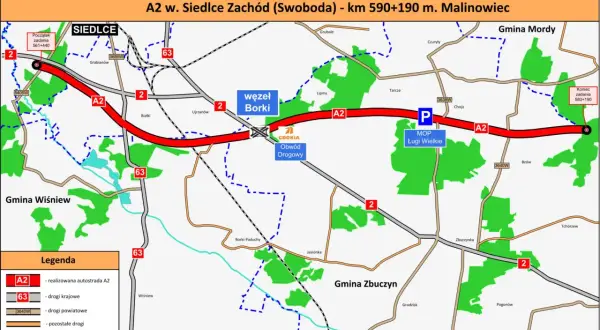 Mapa autostrady A2 w okolicach Siedlec i Białej Podlaskiej, z zaznaczonym węzłem Borki i MOP Ługi Wielkie.