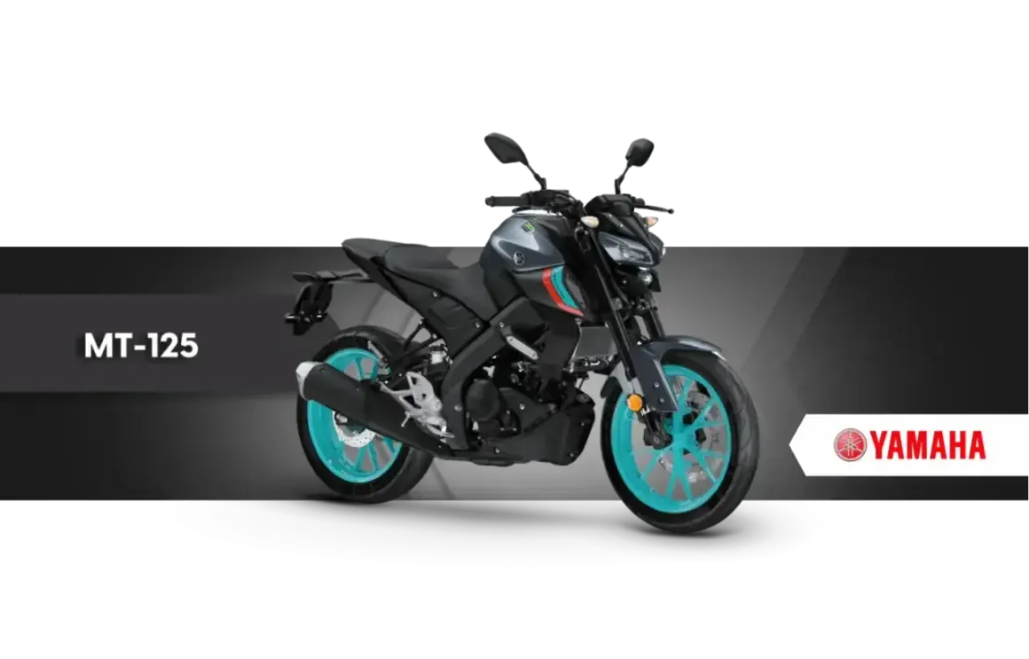 Szary motocykl Yamaha MT-125 z turkusowymi felgami, idealny na pierwsze **a1 prawo jazdy**.