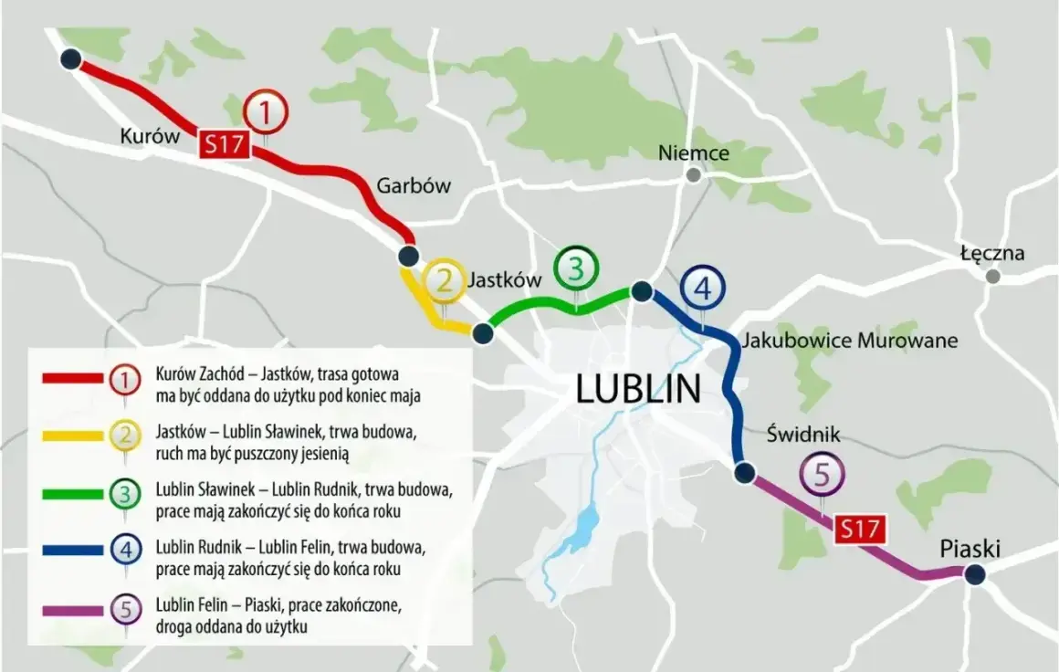 Mapa postępu budowy drogi ekspresowej S17 wokół Lublina. Różne kolory oznaczają etapy prac.