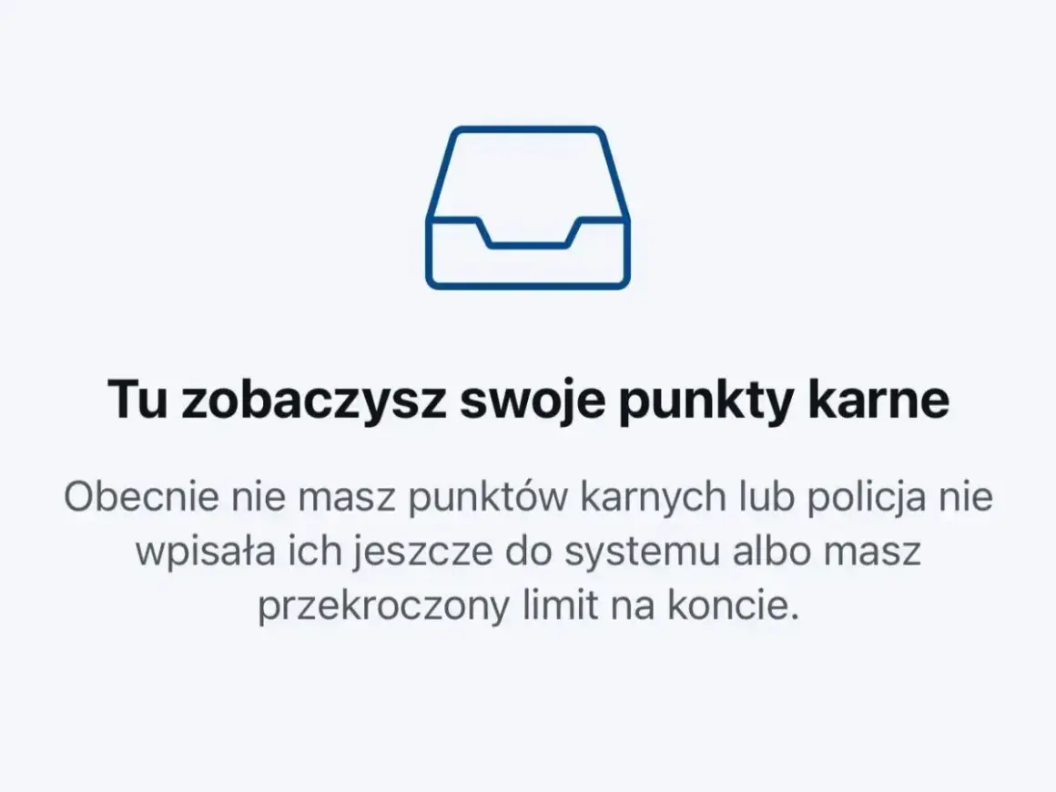 Ikona folderu i tekst: "Tu zobaczysz swoje punkty karne". Obecnie nie masz punktów karnych lub policja nie wpisała ich jeszcze do systemu.