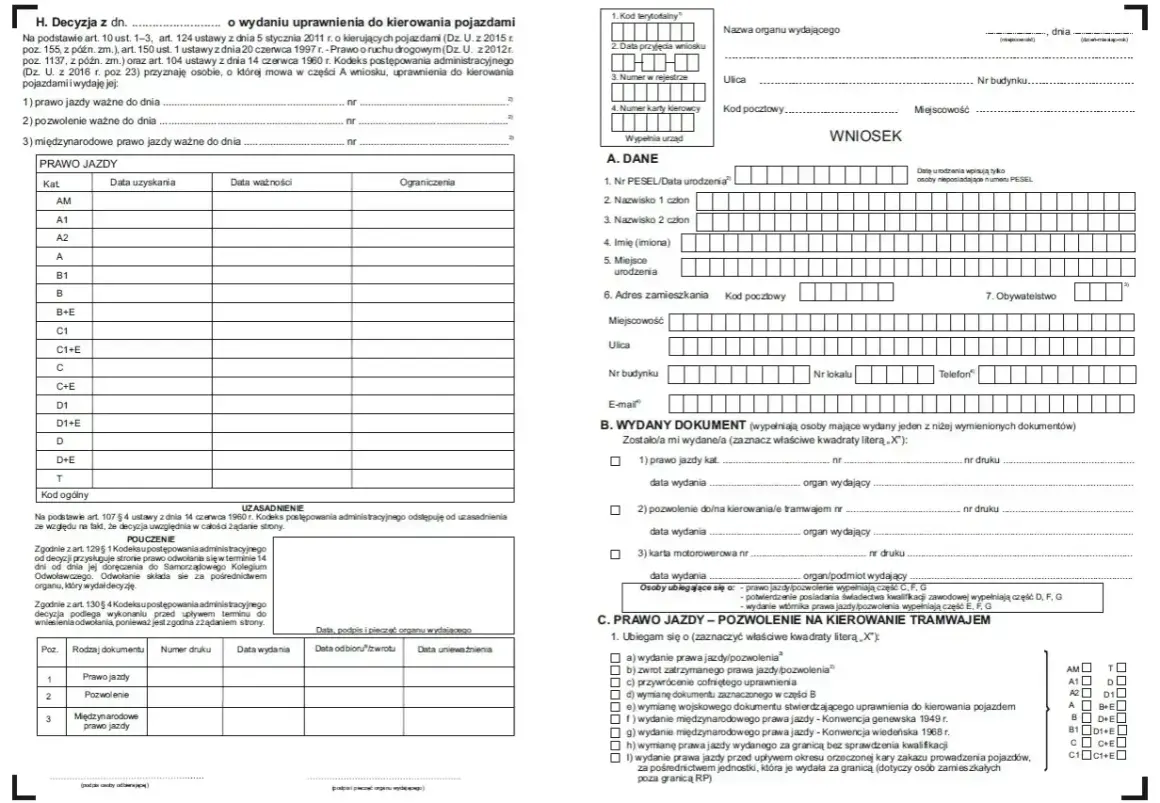 Wniosek o wydanie prawa jazdy, zawiera pola do wpisania numeru blankietu prawa jazdy, danych osobowych i kategorii pojazdów.