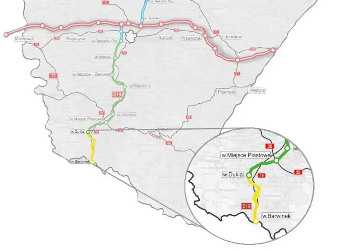Mapa przebiegu drogi ekspresowej S19 z zaznaczonymi odcinkami w budowie i planowanymi.