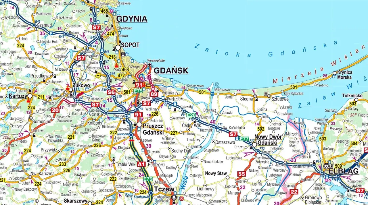 Mapa drogowa okolic Trójmiasta z zaznaczoną drogą krajową 91. Widoczne miasta: Gdańsk, Gdynia, Sopot, Pruszcz Gdański, Tczew, Elbląg.