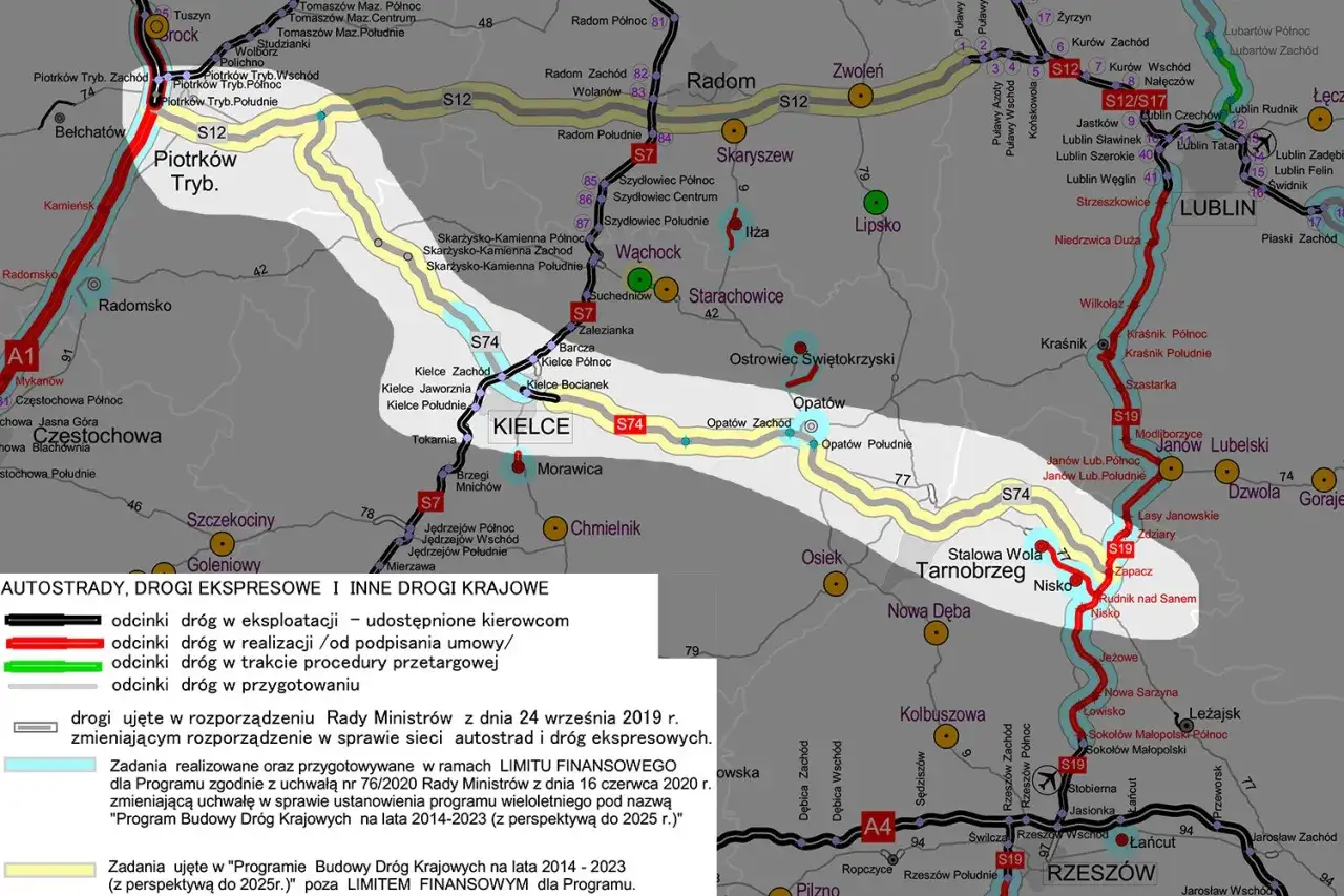 Mapa Polski z zaznaczoną drogą ekspresową S74, łączącą m.in. Kielce z Opatowem i dalej w kierunku Stalowej Woli.