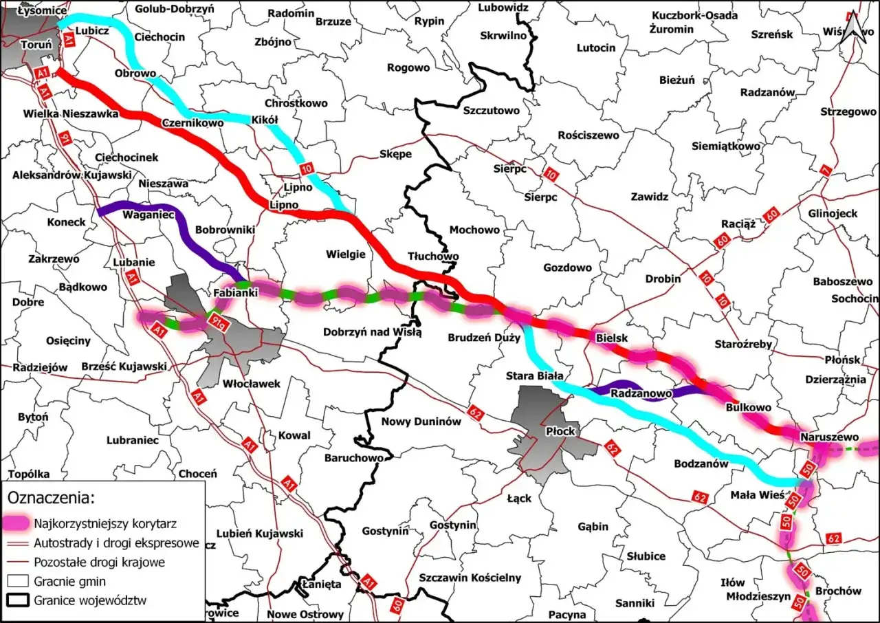 Mapa przedstawia przebieg drogi ekspresowej S10 z zaznaczonymi korytarzami i innymi drogami.