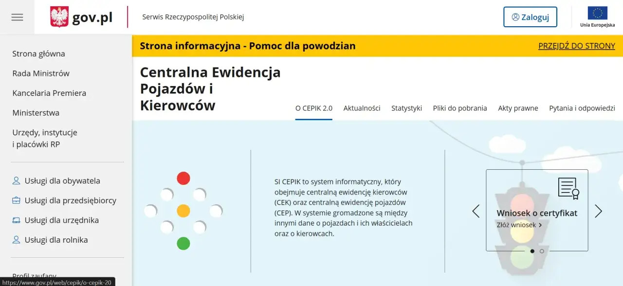 Strona gov.pl z informacjami o Centralnej Ewidencji Pojazdów i Kierowców (CEPiK). Możliwe jest cepik sprawdzenie prawa jazdy.