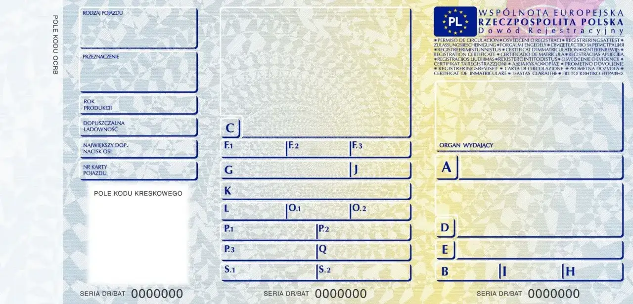 Dowód rejestracyjny pojazdu z danymi technicznymi, takimi jak rok produkcji, dopuszczalna ładowność i numer karty pojazdu.