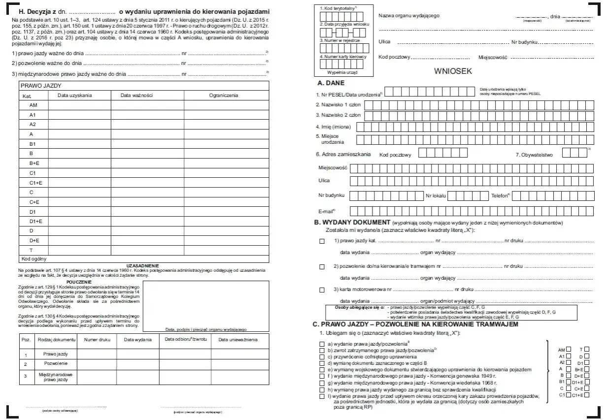 Formularz wniosku o wydanie uprawnień do kierowania pojazdami, zawiera pola do wpisania numeru druku prawa jazdy.