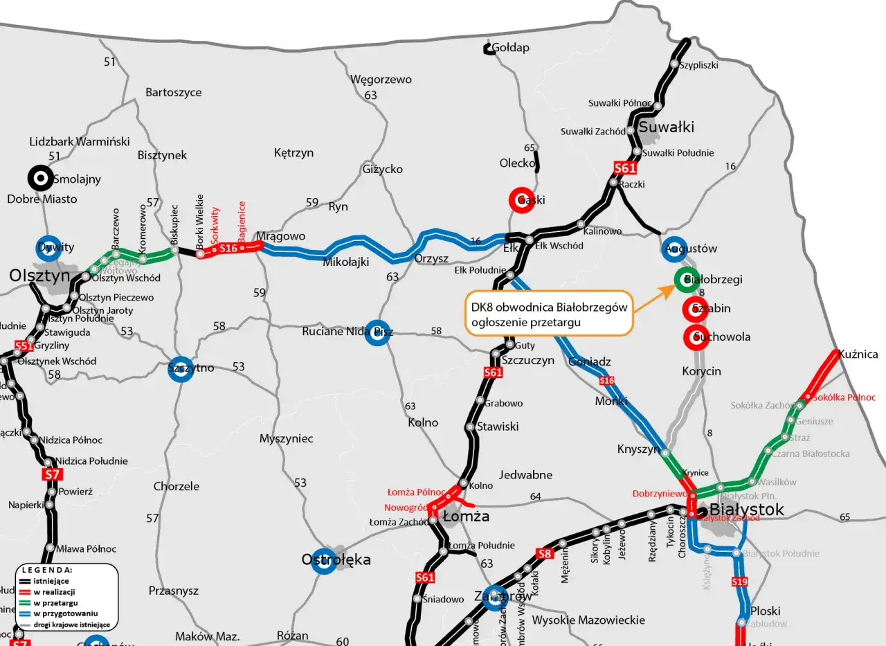Mapa dróg z zaznaczoną autostradą S8, drogami S16, S19, S7 i DK8. Widoczne miasta: Olsztyn, Łomża, Białystok, Suwałki.