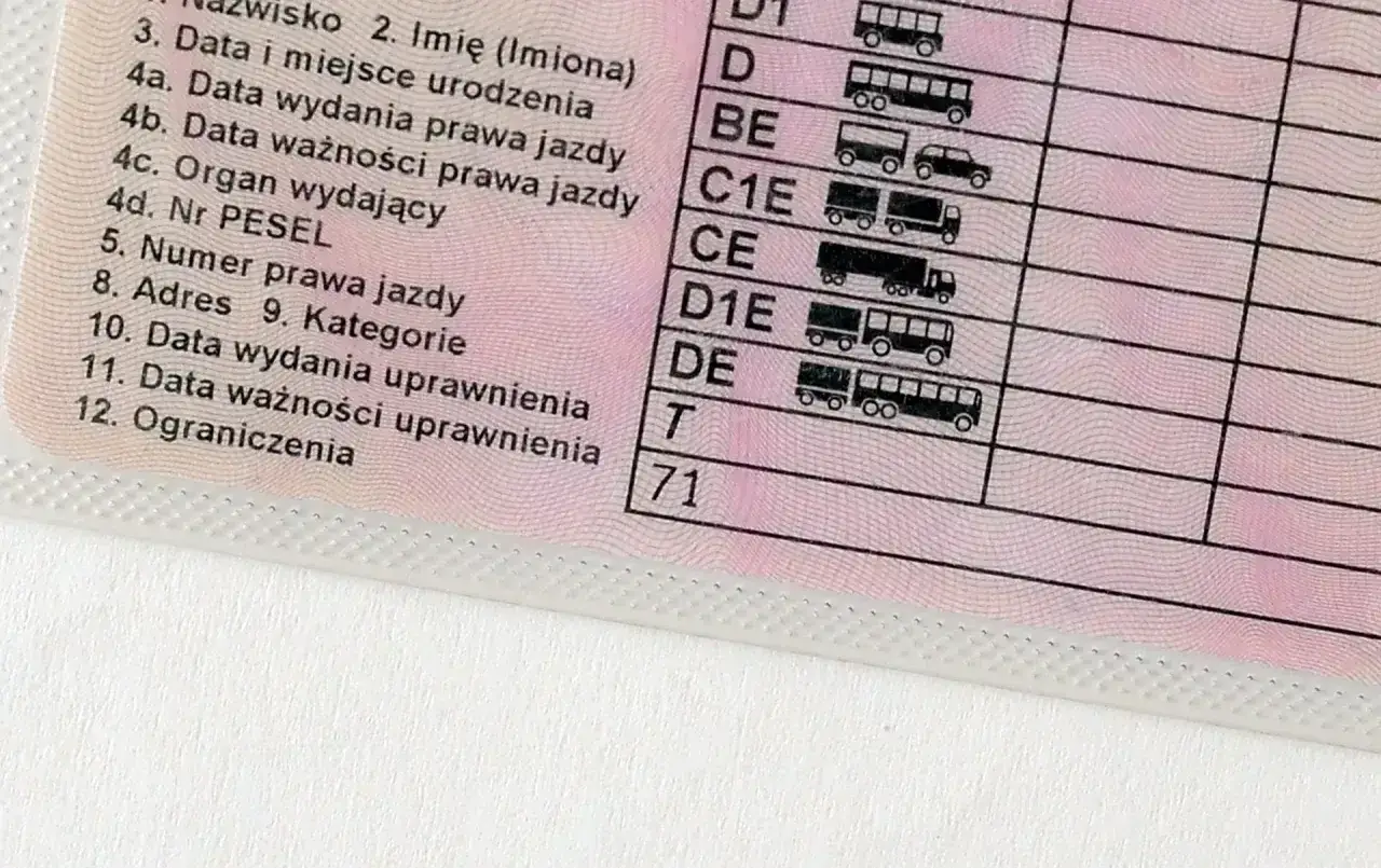 Fragment polskiego prawa jazdy z kategorią T i wpisanym kodem 71 w sekcji