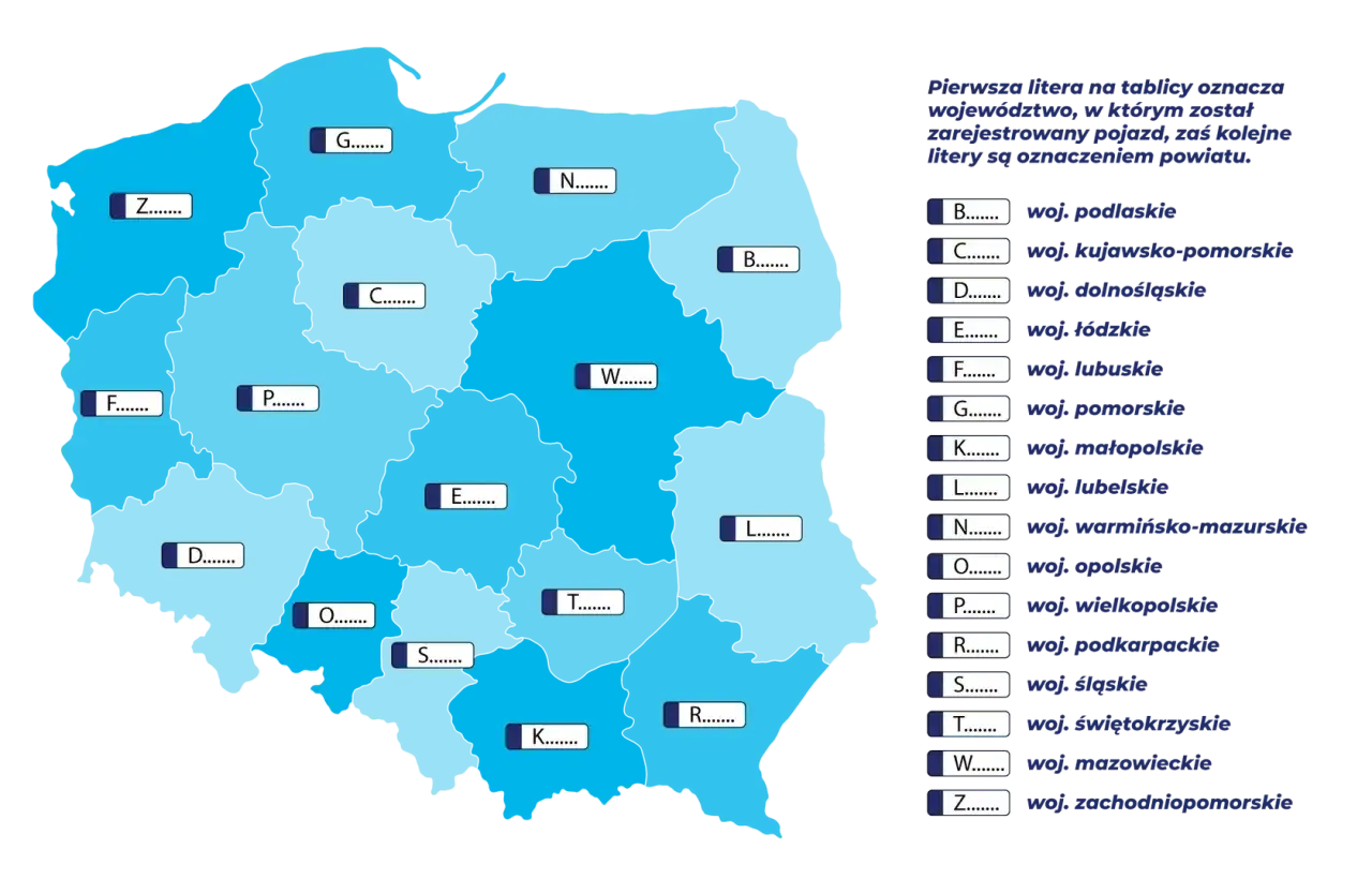 Mapa Polski z literami oznaczającymi województwa, np. rejestracja CB jakie miasto? Z to zachodniopomorskie.
