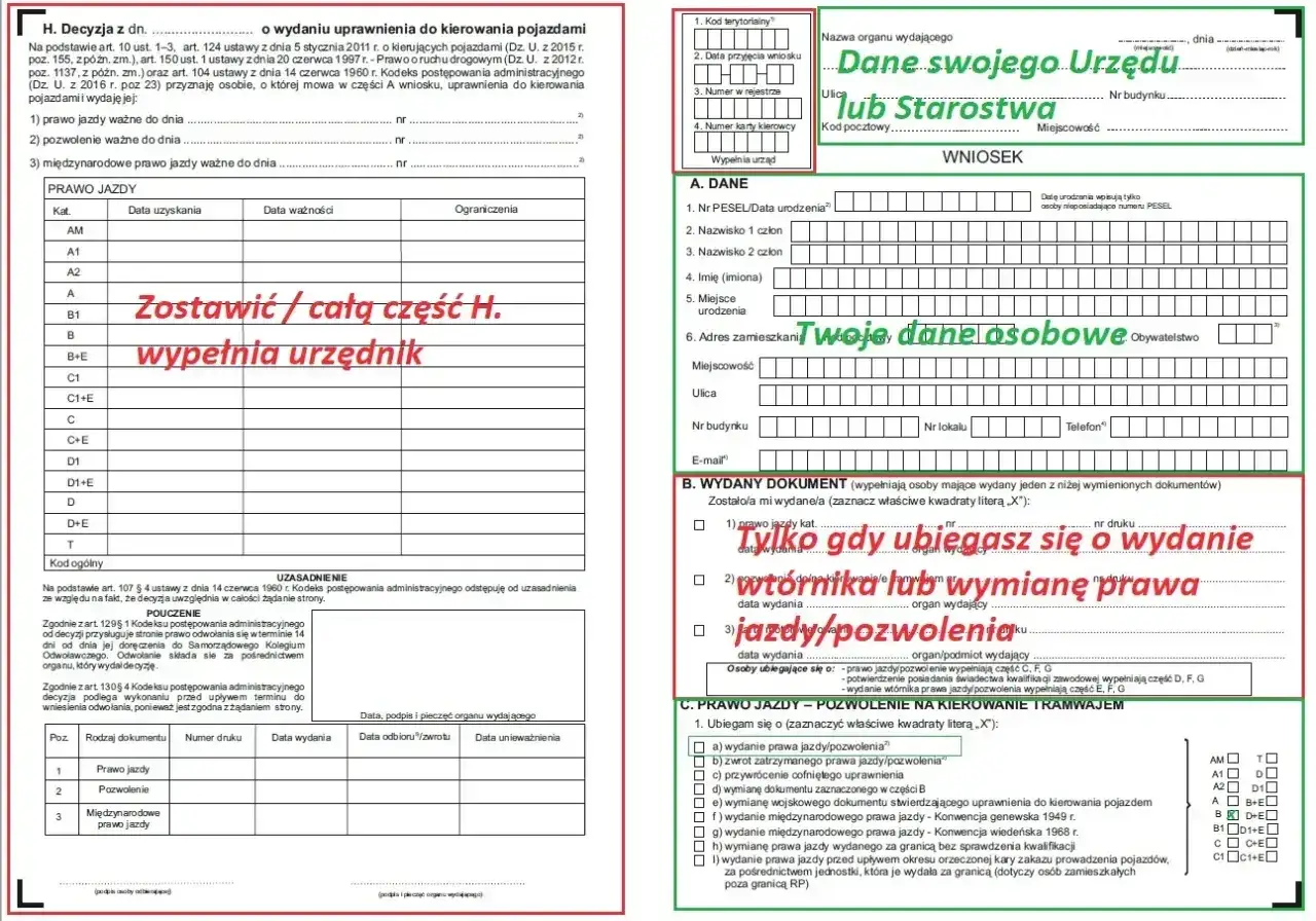 Nowe prawo jazdy - wniosek o wydanie dokumentu. Wypełnij dane osobowe i zaznacz, o jakie nowe prawo jazdy się ubiegasz.