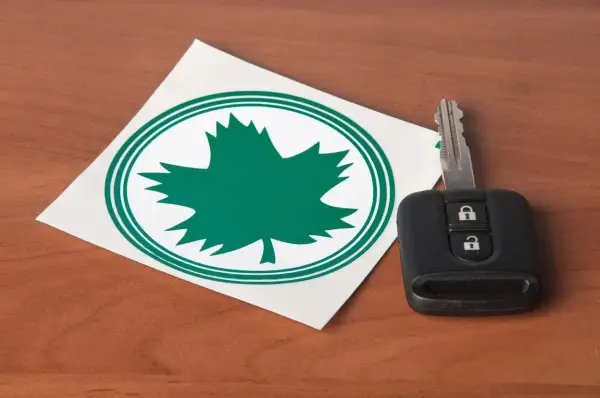 Zielony listek na aucie, symbol natury i wolności, obok kluczyka do samochodu.