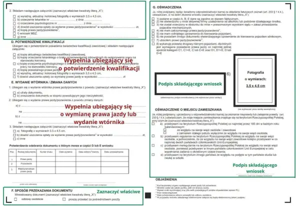 Zdjęcie przedstawia formularz wniosku o wydanie prawa jazdy lub potwierdzenie kwalifikacji. Wypełnia go osoba ubiegająca się o dokument.