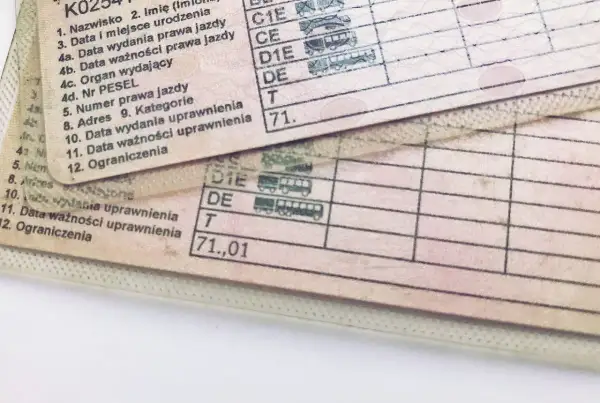 Fragmenty blankietów prawa jazdy z widocznymi kategoriami pojazdów i datami.