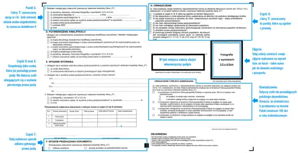Formularz wniosku o wydanie prawa jazdy, z zaznaczonym polem "ile się czeka na pkk" w sekcji "Oświadczenie o miejscu zamieszkania".