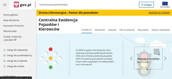 Strona gov.pl z informacjami o Centralnej Ewidencji Pojazdów i Kierowców (CEPiK). Możliwe jest cepik sprawdzenie prawa jazdy.