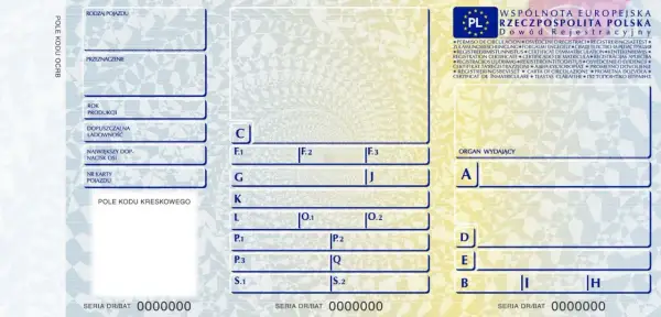Dowód rejestracyjny pojazdu, zawiera informacje o rodzaju pojazdu i jego przeznaczeniu.