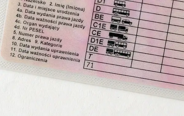 Fragment polskiego prawa jazdy z kategorią T i wpisanym kodem 71 w sekcji "Ograniczenia".