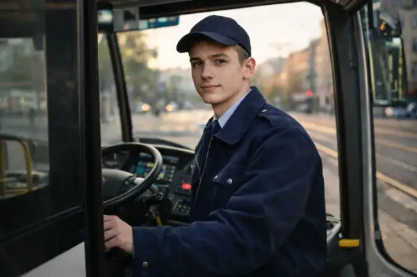 Młody kierowca autobusu w czapce i granatowej kurtce, z dumą prezentuje swoje nowe prawo jazdy.