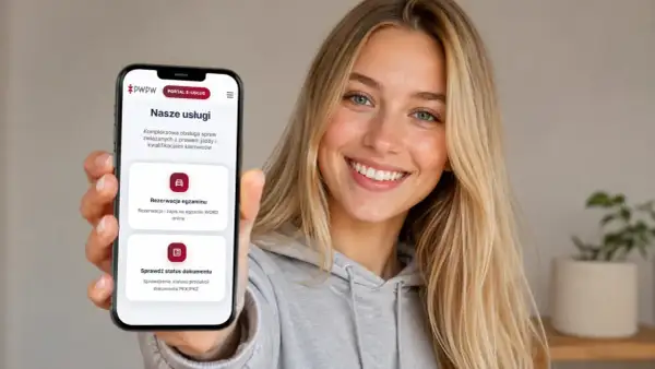 Uśmiechnięta kobieta pokazuje telefon z aplikacją PWPW. Na ekranie widnieje opcja "Rezerwacja egzaminu", która ułatwia zapis na egzamin teoretyczny w WORD online.