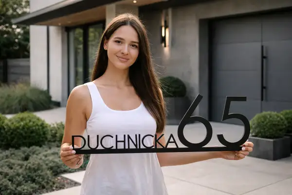 Uśmiechnięta kobieta trzyma tabliczkę z napisem "DUCHNICKA 65". To idealna cmg rejestracja dla nowego domu.