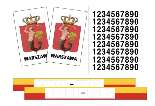 Dwa znaki taxi z Syrenką Warszawską, cyfry i paski do oklejania pojazdów.