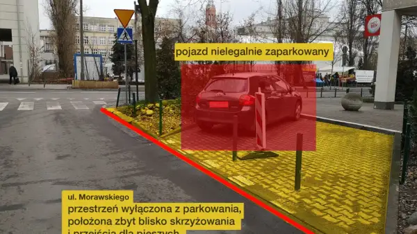 Czerwony obszar pokazuje, ile metrów od skrzyżowania można parkować. Pojazd stoi na zakazanym obszarze.