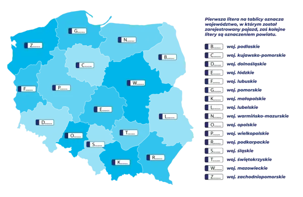 Mapa Polski z literami oznaczającymi województwa. Pozwala to sprawdzić, skąd pochodzi dany pojazd, jaki to kraj.